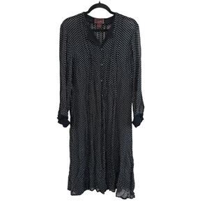 April Cornell Trading Vintage Black Polka Dot Sheer Collared Midi Dress Sz Small
